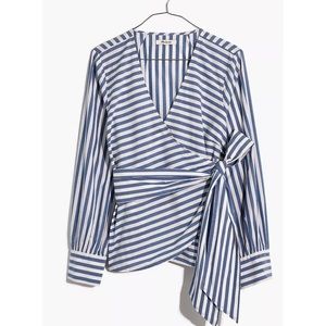 Madewell Blue and White Stripe Cuffed-Sleeve Wrap Top